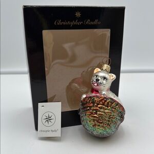 Christopher Radko Kitten Kaboodle Blown Glass Ornament White Cat Basket
